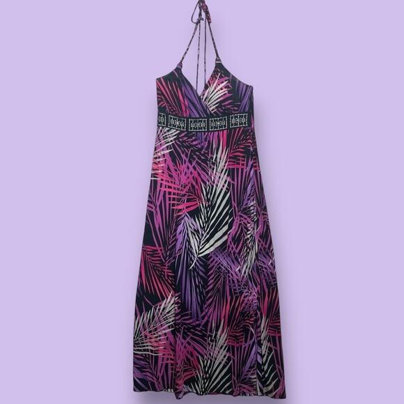 Apt 9 Purple Tropical Halter Maxi Dress Size Medium Studded Beach Vacation Palm - Picture 1 of 11